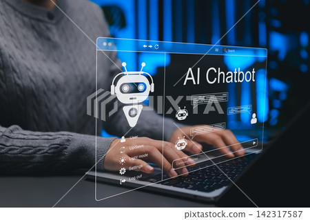 AI chatbot concept. Person using laptop and virtual chat window, representing artificial intelligence, generative AI, assistant, AI agents, customer service intelligent automation, smart communication AI chatbot concept. Person using laptop and virtual chat window, representing artificial intelligence, generative AI, assistant, AI agents, customer service intelligent automation, smart communication 142317587