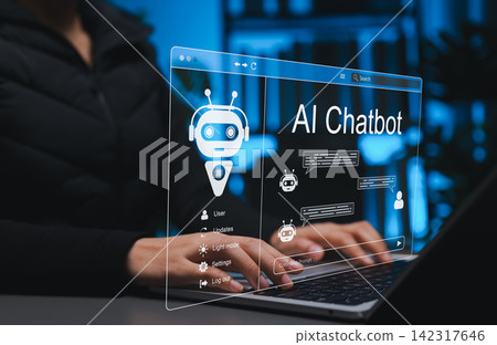AI chatbot concept. Person using laptop and virtual chat window, representing artificial intelligence, generative AI, assistant, AI agents, customer service intelligent automation, smart communication AI chatbot concept. Person using laptop and virtual chat window, representing artificial intelligence, generative AI, assistant, AI agents, customer service intelligent automation, smart communication 142317646
