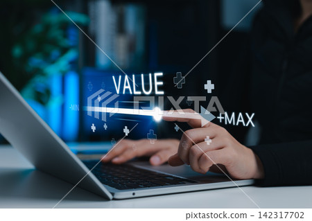 Business Value Added Concept. Businessperson adjusting virtual slider to maximize performance, value increase, service enhancement, company value added, add mindset, and strategic business growth. Business Value Added Concept. Businessperson adjusting virtual slider to maximize performance, value increase, service enhancement, company value added, add mindset, and strategic business growth. 142317702