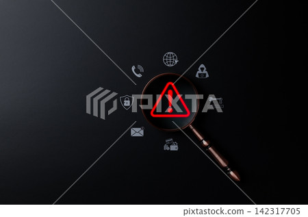 Cybersecurity threat detection concept. Magnifying glass on red alert symbol representing online risk, data breach, malware warning, scam, phishing, suspicious, unknown person, digital fraud awareness Cybersecurity threat detection concept. Magnifying glass on red alert symbol representing online risk, data breach, malware warning, scam, phishing, suspicious, unknown person, digital fraud awareness 142317705