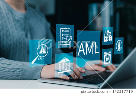 Anti-money laundering (AML) technology concept. Person using laptop with icons representing compliance, transaction monitoring, financial crime detection, security, regulatory risk, fraud prevention, Anti-money laundering (AML) technology concept. Person using laptop with icons representing compliance, transaction monitoring, financial crime detection, security, regulatory risk, fraud prevention, 142317719