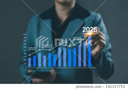 Business growth analysis concept. Person interacting with bar graph forecasting data trends from 2022 to 2026, representing financial planning and market strategy, profit increases, investments, Business growth analysis concept. Person interacting with bar graph forecasting data trends from 2022 to 2026, representing financial planning and market strategy, profit increases, investments, 142317753