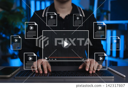 Digital content marketing concept with person hands typing on keyboard and virtual video player interface. High quality multimedia streaming, online education, and social media sharing display. ad, 142317807