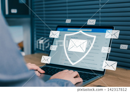 Email security concept. Person using laptop and shield icon for data protection. User checking inbox with encrypted firewall technology for corporate digital privacy safety. Secure mail, Cybersecurity Email security concept. Person using laptop and shield icon for data protection. User checking inbox with encrypted firewall technology for corporate digital privacy safety. Secure mail, Cybersecurity 142317812