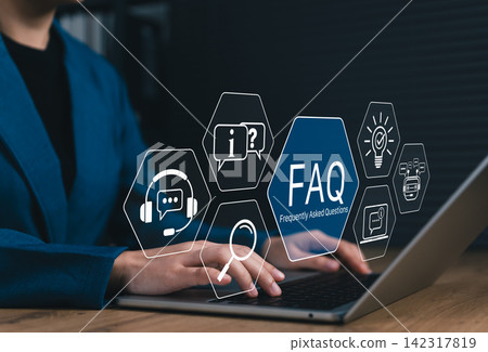 FAQ, Frequently Asked Questions Support Concept. Person using laptop with icon related to search, information, chat, customer service, support represent online help, user assistance, helpdesk, Q and A FAQ, Frequently Asked Questions Support Concept. Person using laptop with icon related to search, information, chat, customer service, support represent online help, user assistance, helpdesk, Q and A 142317819
