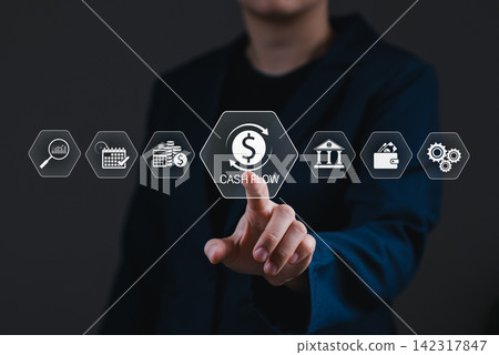 Cash Flow Management and Financial Planning Business Concept. Person controlling financial operations with icons for accounting, banking, budgeting, money circulation to optimize stability and growth. Cash Flow Management and Financial Planning Business Concept. Person controlling financial operations with icons for accounting, banking, budgeting, money circulation to optimize stability and growth. 142317847