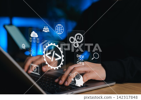 AI powered software development concept. Developer coding on laptop with DevOps, artificial intelligence, cloud computing, and automation icon to optimize workflow, deployment and programming strategy AI powered software development concept. Developer coding on laptop with DevOps, artificial intelligence, cloud computing, and automation icon to optimize workflow, deployment and programming strategy 142317848