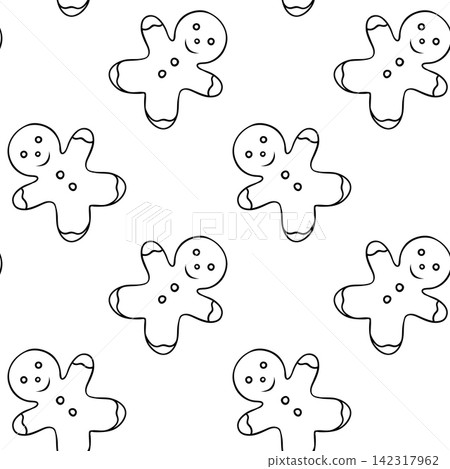 Playful gingerbread man in doodle sketch style. Simple black and white vector pattern for holiday baking packaging and festive menus Playful gingerbread man in doodle sketch style. Simple black and white vector pattern for holiday baking packaging and festive menus 142317962