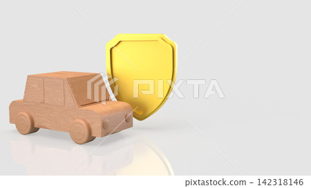 Wooden Toy Car Protected by Golden Shield 3d render. Wooden Toy Car Protected by Golden Shield 3d render. 142318146