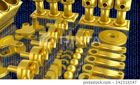 Golden Automotive Engine Parts With Binary Code 3d render. Golden Automotive Engine Parts With Binary Code 3d render. 142318147