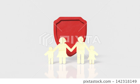 Happy Family Protected by Red Safety Shield 3d render. Happy Family Protected by Red Safety Shield 3d render. 142318149