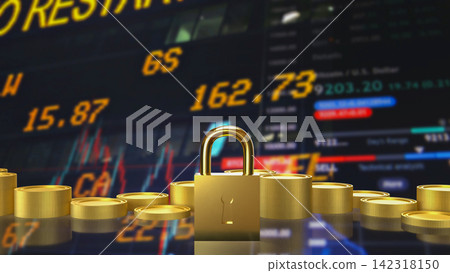 Golden Padlock Protecting Financial Investments 3d render. Golden Padlock Protecting Financial Investments 3d render. 142318150