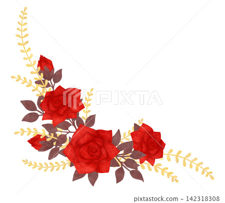 A floral arrangement for a corner. Red, scarlet roses, watercolor, pastel. Isolated composition. Hand drawn in a flat style. A design element 142318308