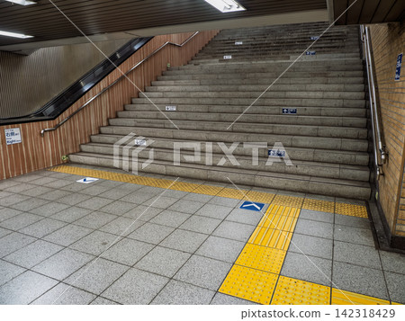 Example of tactile paving installed before stairs in an underground passage. Example of tactile paving installed before stairs in an underground passage. 142318429