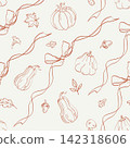 Whimsical hand-drawn autumn seamless pattern with flowing ribbons, bows, pumpkins, gourds, berries, leaves, acorns and mushrooms in monochrome terracotta line art on a warm cream background. 142318606