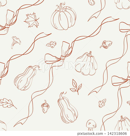 Whimsical hand-drawn autumn seamless pattern with flowing ribbons, bows, pumpkins, gourds, berries, leaves, acorns and mushrooms in monochrome terracotta line art on a warm cream background. Whimsical hand-drawn autumn seamless pattern with flowing ribbons, bows, pumpkins, gourds, berries, leaves, acorns and mushrooms in monochrome terracotta line art on a warm cream background. 142318606