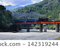 The SL Kawaneji train, pulled by locomotive C11-190, crosses the Oigawa Second Bridge with its beautiful blue passenger cars. (Photographed on August 31, 2010) 142319244