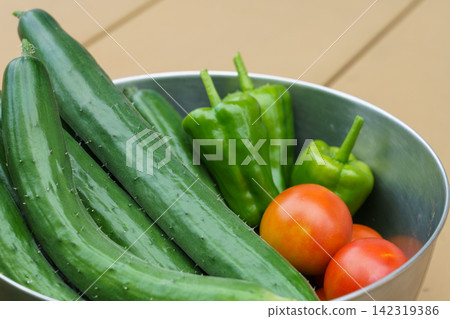 從自家花園收穫的夏季蔬菜(八月):以黃瓜和番茄為主。 從自家花園收穫的夏季蔬菜(八月):以黃瓜和番茄為主。 142319386