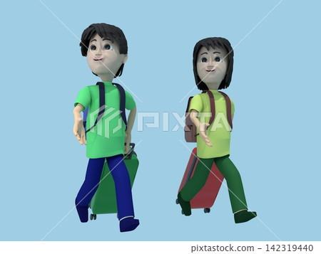 旅行家庭的 3D 插圖:一家人排成一列行走,背著背包,拖著行李箱。 旅行家庭的 3D 插圖:一家人排成一列行走,背著背包,拖著行李箱。 142319440