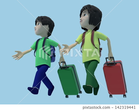 3D illustration of a traveling family: A family walking in a line, with backpacks on their backs and suitcases in tow. 3D illustration of a traveling family: A family walking in a line, with backpacks on their backs and suitcases in tow. 142319441