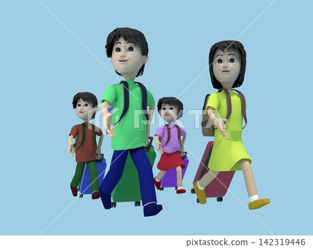 3D illustration of a traveling family: A family walking in a line, with backpacks on their backs and suitcases in tow. 3D illustration of a traveling family: A family walking in a line, with backpacks on their backs and suitcases in tow. 142319446