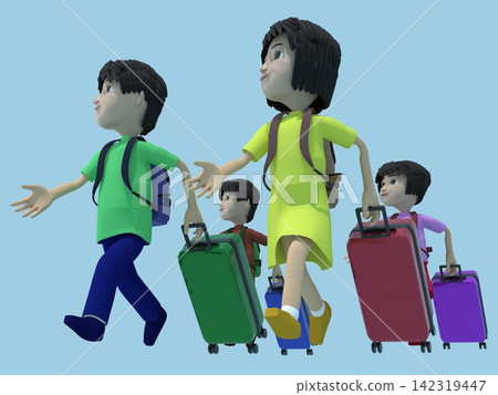 旅行家庭的 3D 插圖:一家人排成一列行走,背著背包,拖著行李箱。 旅行家庭的 3D 插圖:一家人排成一列行走,背著背包,拖著行李箱。 142319447