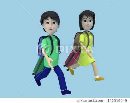 旅行家庭的 3D 插圖:一家人排成一列行走,背著背包,拖著行李箱。 旅行家庭的 3D 插圖:一家人排成一列行走,背著背包,拖著行李箱。 142319449