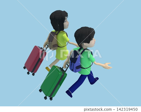 旅行家庭的 3D 插圖:一家人排成一列行走,背著背包,拖著行李箱。 旅行家庭的 3D 插圖:一家人排成一列行走,背著背包,拖著行李箱。 142319450