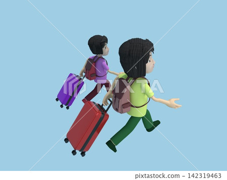 3D illustration of a traveling family: A family walking in a line, with backpacks on their backs and suitcases in tow. 3D illustration of a traveling family: A family walking in a line, with backpacks on their backs and suitcases in tow. 142319463