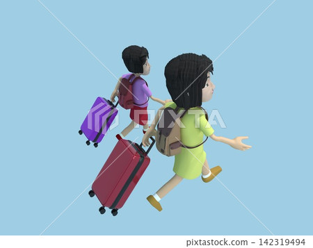 3D illustration of a traveling family: A family walking in a line, with backpacks on their backs and suitcases in tow. 3D illustration of a traveling family: A family walking in a line, with backpacks on their backs and suitcases in tow. 142319494