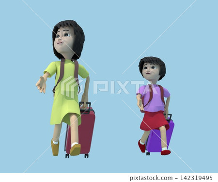 旅行家庭的 3D 插圖:一家人排成一列行走,背著背包,拖著行李箱。 旅行家庭的 3D 插圖:一家人排成一列行走,背著背包,拖著行李箱。 142319495