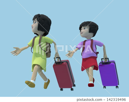 旅行家庭的 3D 插圖:一家人排成一列行走,背著背包,拖著行李箱。 旅行家庭的 3D 插圖:一家人排成一列行走,背著背包,拖著行李箱。 142319496