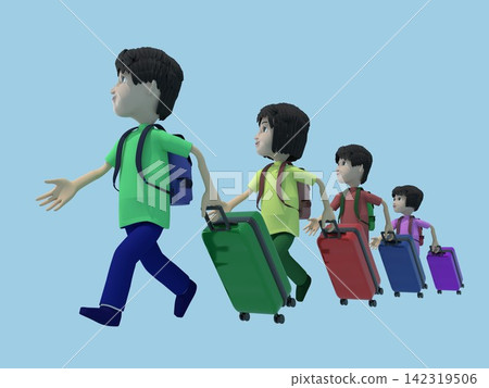 旅行家庭的 3D 插圖:一家人排成一列行走,背著背包,拖著行李箱。 旅行家庭的 3D 插圖:一家人排成一列行走,背著背包,拖著行李箱。 142319506
