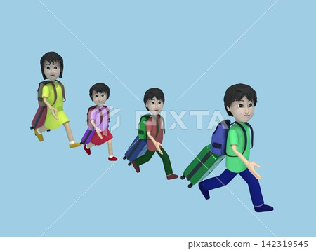 3D illustration of a traveling family: A family walking in a line, with backpacks on their backs and suitcases in tow. 3D illustration of a traveling family: A family walking in a line, with backpacks on their backs and suitcases in tow. 142319545