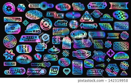 Hologram y2k stickers and label patches of vector retro aesthetic shapes. Iridescent silver metal hologram stickers with aesthetic y2k globes, stars, hearts and lightning, groovy emoji and slogans Hologram y2k stickers and label patches of vector retro aesthetic shapes. Iridescent silver metal hologram stickers with aesthetic y2k globes, stars, hearts and lightning, groovy emoji and slogans 142319958