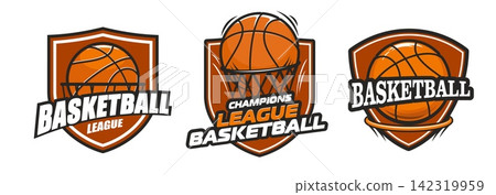 Basketball sport club or team badge icons and tournament emblems. Vector set with basket, shield and ball symbols for academy, champion games, school, championship, athletic league and winner labels Basketball sport club or team badge icons and tournament emblems. Vector set with basket, shield and ball symbols for academy, champion games, school, championship, athletic league and winner labels 142319959