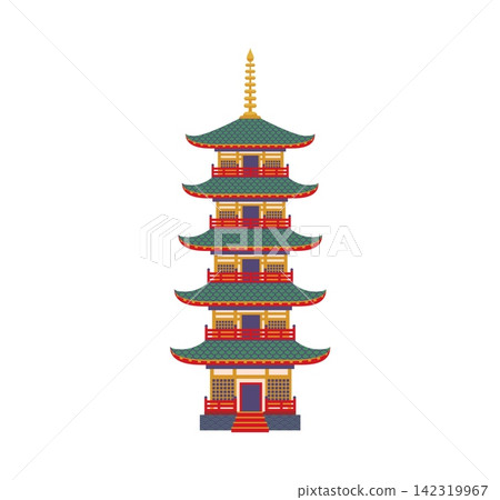 Traditional Japanese pagoda Japan travel, holiday and architecture icon. Vector temple with tiered roof symbolizing cultural heritage and travel architecture, Asian history and iconic shrine landmark Traditional Japanese pagoda Japan travel, holiday and architecture icon. Vector temple with tiered roof symbolizing cultural heritage and travel architecture, Asian history and iconic shrine landmark 142319967