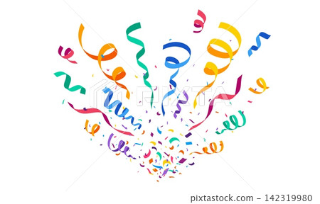 Carnival party confetti, birthday and anniversary event surprise. Vibrant confetti and streamer burst with colorful spiral ribbons and scattered paper confetti pieces for birthday greeting cards Carnival party confetti, birthday and anniversary event surprise. Vibrant confetti and streamer burst with colorful spiral ribbons and scattered paper confetti pieces for birthday greeting cards 142319980