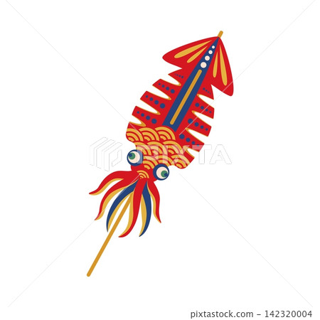 Japanese Ikayaki squid on wooden skewer decorated with traditional Japan Seigaiha wave pattern. Summer matsuri festival food icon with red blue and gold color, eyes and tentacles for event celebration Japanese Ikayaki squid on wooden skewer decorated with traditional Japan Seigaiha wave pattern. Summer matsuri festival food icon with red blue and gold color, eyes and tentacles for event celebration 142320004