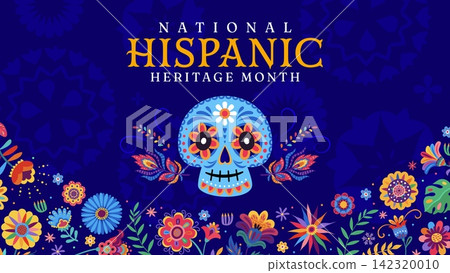 National Hispanic heritage month banner with sugar calavera skull and ethnic flowers pattern. Vector Mexican holiday background, Latin America festival poster or postcard, culture carnival ornament National Hispanic heritage month banner with sugar calavera skull and ethnic flowers pattern. Vector Mexican holiday background, Latin America festival poster or postcard, culture carnival ornament 142320010