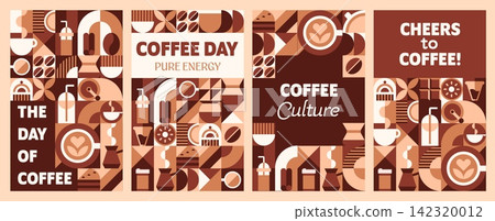 Coffee and hot chocolate drinks posters with brown geometric Bauhaus patterns. Coffeeshop Bauhaus banner, cafe takeaway coffee drink poster with moka pot, latte art, ceramic cup, hot drink straw 142320012
