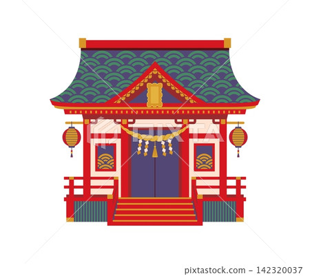 Traditional Japanese Shinto shrine facade icon with ornate roof tiles, rope decoration and hanging lanterns. Japan travel, holiday, architecture cultural sign of spiritual architectural building 142320037