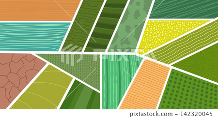Rural farm field top view, agriculture green and brown plantation background. Cartoon aerial farmland and countryside landscape abstract pattern with farm field, vineyard and garden top view Rural farm field top view, agriculture green and brown plantation background. Cartoon aerial farmland and countryside landscape abstract pattern with farm field, vineyard and garden top view 142320045