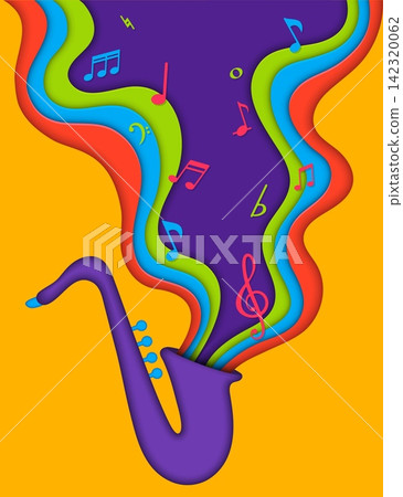 Paper cut music background with saxophone. Vibrant jazz day poster with layered waves in purple, blue, green and red releasing colorful musical notes. Bold jazz banner for concert promotions Paper cut music background with saxophone. Vibrant jazz day poster with layered waves in purple, blue, green and red releasing colorful musical notes. Bold jazz banner for concert promotions 142320062