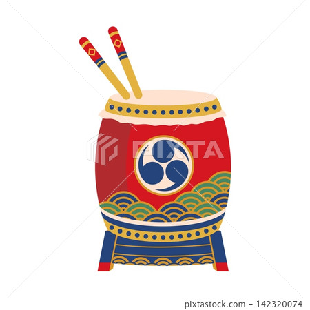 Red Japanese taiko drum percussion Asian wadaiko instrument icon with ornament and drumsticks for traditional summer festival matsuri holiday celebration, cultural seasonal event parade or performance Red Japanese taiko drum percussion Asian wadaiko instrument icon with ornament and drumsticks for traditional summer festival matsuri holiday celebration, cultural seasonal event parade or performance 142320074