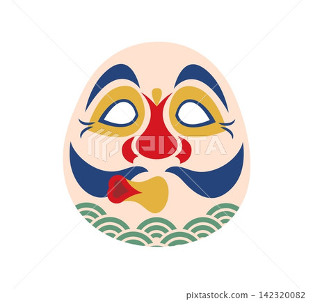 Japanese Hyottoko festival mask with funny face, puckered mouth and traditional Japan wave ornament. Matsuri holiday isolated icon of folk character face with red nose, curved mustache and empty eyes 142320082
