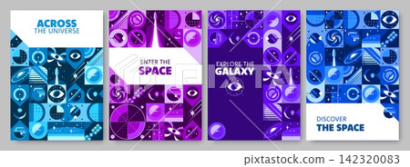 Universe galaxy space explore posters with mosaic geometric pattern of planets and stars. Space abstract purple shapes patterns with galaxy explore spaceship, rocket and satellite, moon and black hole 142320083