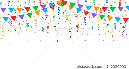 Carnival confetti paper ribbons and flags pennant garland, holiday birthday and anniversary party background. Cartoon color streamer confetti and carnival flag bunting decorations festive background 142320090