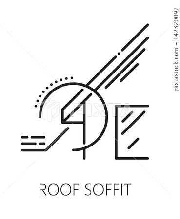 Home roof installation line icon or label. Cottage renovation symbol, roofing maintenance vector pictogram. Property construction company outline icon or roof repair sign 142320092