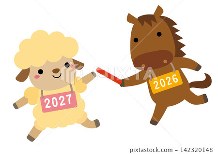 Illustration of the baton being passed from the Year of the Horse to the Year of the Goat in the Chinese zodiac / bib number Illustration of the baton being passed from the Year of the Horse to the Year of the Goat in the Chinese zodiac / bib number 142320148